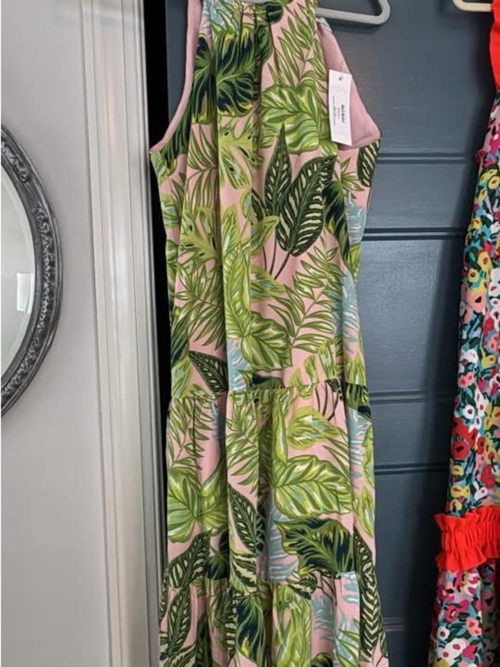 Jade Pink Maxi Dress with Green Tropical Leaf Print